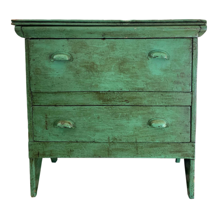 early 20th century vintage farmhouse painted green 2 drawer cabinet 0801