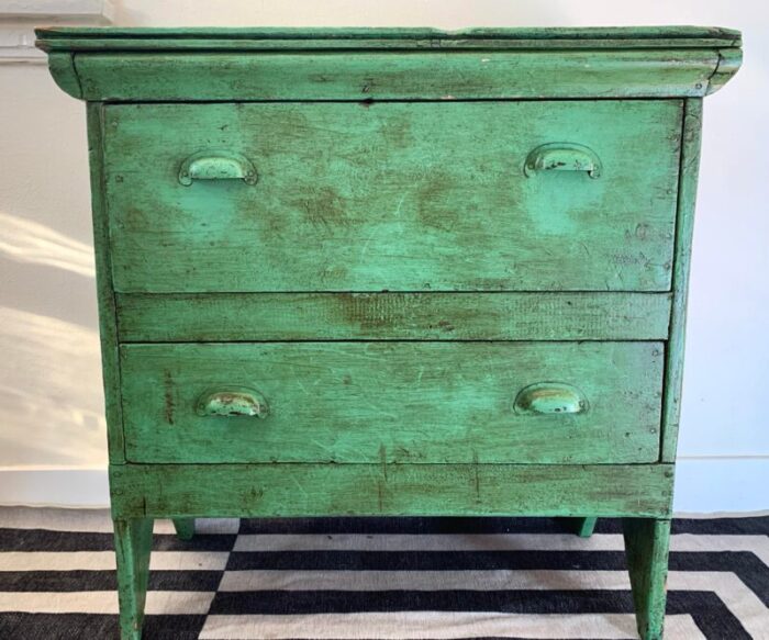 early 20th century vintage farmhouse painted green 2 drawer cabinet 7797