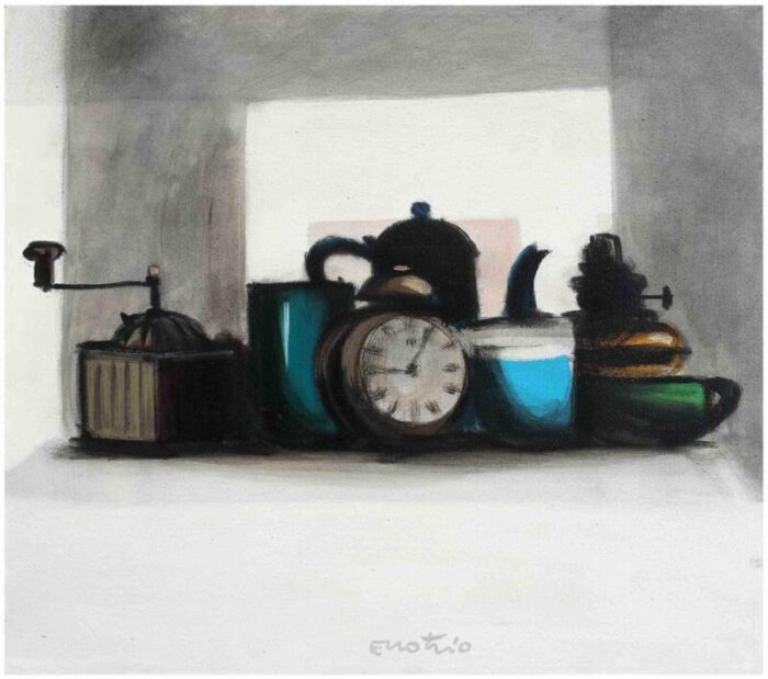 enotrio pugliese still life with alarm clock oil on canvas mid 20th century 0390