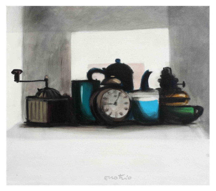 enotrio pugliese still life with alarm clock oil on canvas mid 20th century 5208