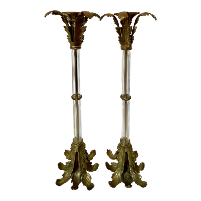 fabulous vintage 31 john richard palm fronds brass and crystal pillar candle holders set of 2 hollywood regency 5977