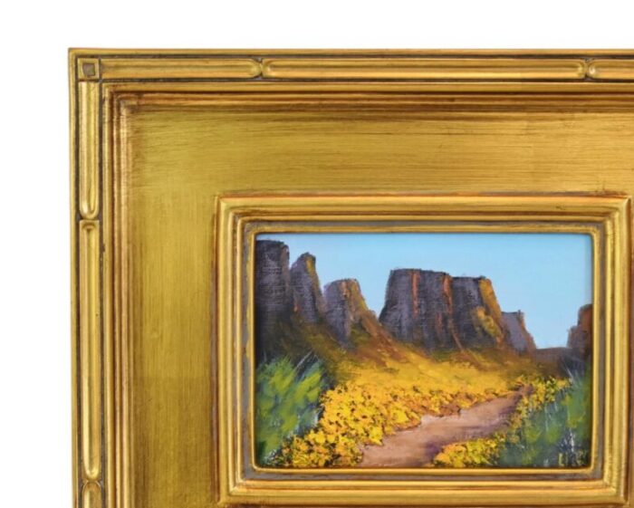 floral flowers in bloom canyon impressionist landscape oil painting w antiqued gold wood frame 1980