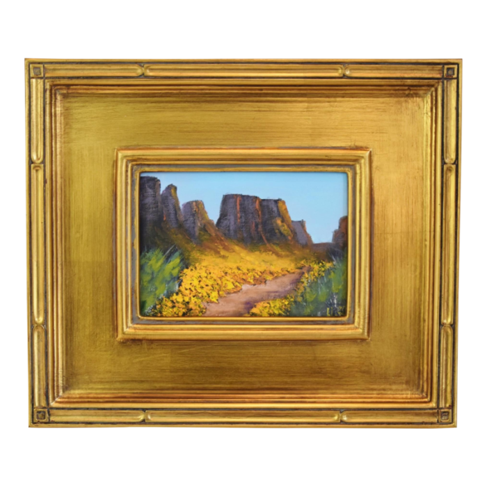 floral flowers in bloom canyon impressionist landscape oil painting w antiqued gold wood frame 3468