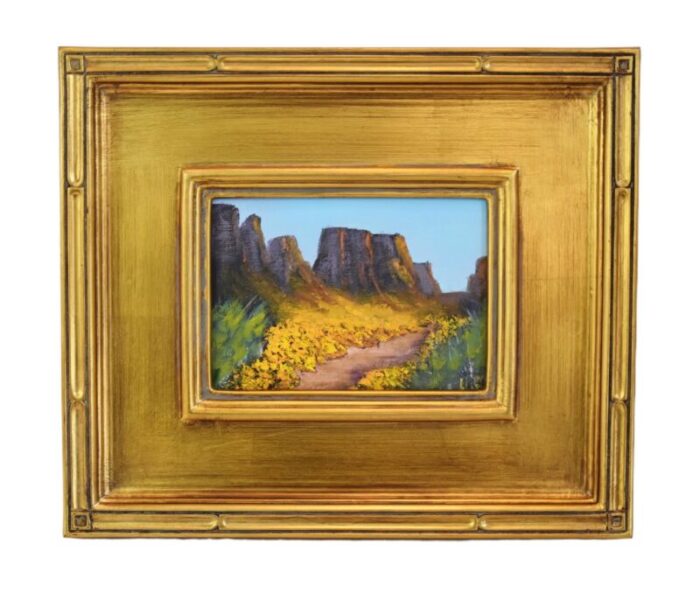 floral flowers in bloom canyon impressionist landscape oil painting w antiqued gold wood frame 5734