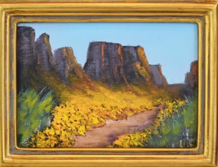 floral flowers in bloom canyon impressionist landscape oil painting w antiqued gold wood frame 9002