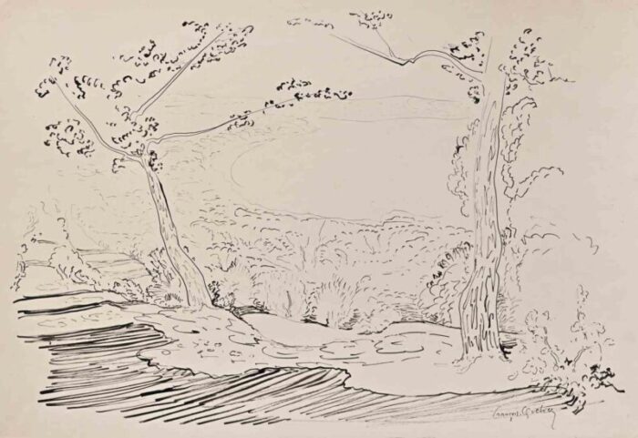 francois quelvee landscape ink drawing mid 20th century 3755