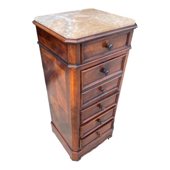 french 19th century walnut and marble nightstand with exquisite marquetry 2028