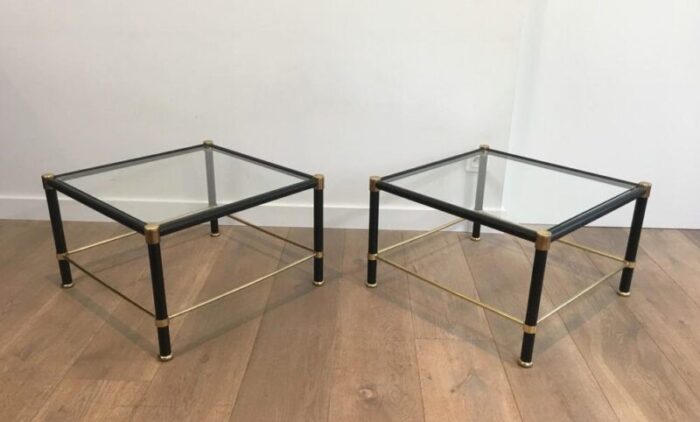 french brass black lacquered square side tables in the style of jacques adnet 1970s set of 2 3