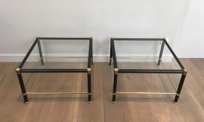 french brass black lacquered square side tables in the style of jacques adnet 1970s set of 2 4