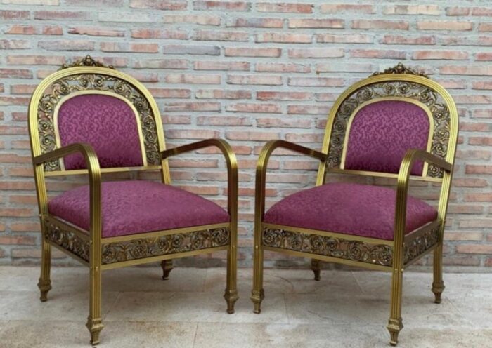 french gold brass bronze armchairs with pink upholstery 1940s set of 2 3