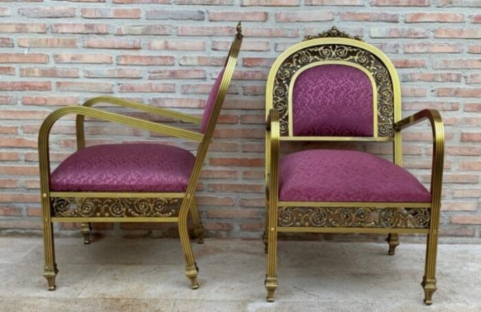 french gold brass bronze armchairs with pink upholstery 1940s set of 2 4