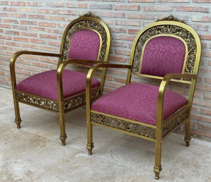 french gold brass bronze armchairs with pink upholstery 1940s set of 2 5