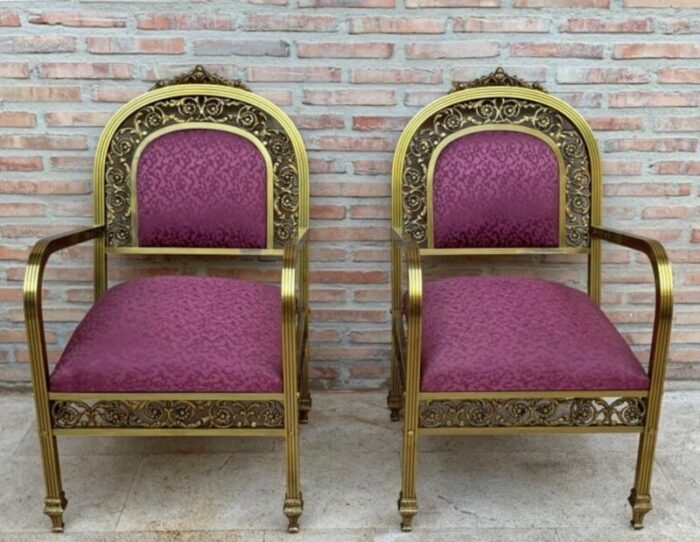 french gold brass bronze armchairs with pink upholstery 1940s set of 2 6