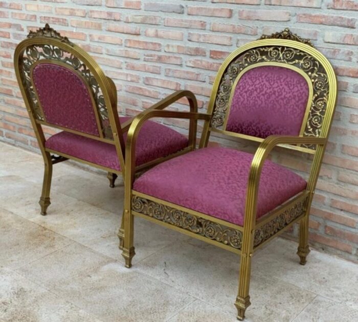 french gold brass bronze armchairs with pink upholstery 1940s set of 2 7