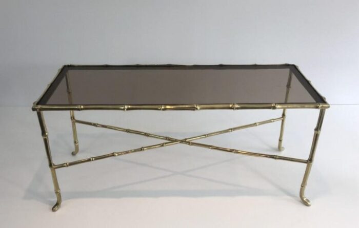 french small faux bamboo bronze coffee table with smoked glass shelf by maison bagues 1940s 1