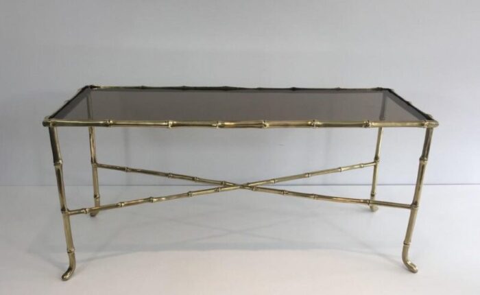 french small faux bamboo bronze coffee table with smoked glass shelf by maison bagues 1940s 2