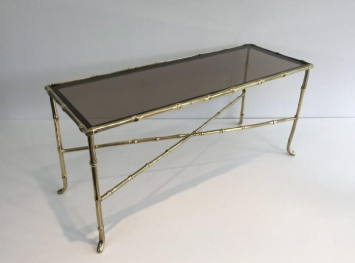 french small faux bamboo bronze coffee table with smoked glass shelf by maison bagues 1940s 3