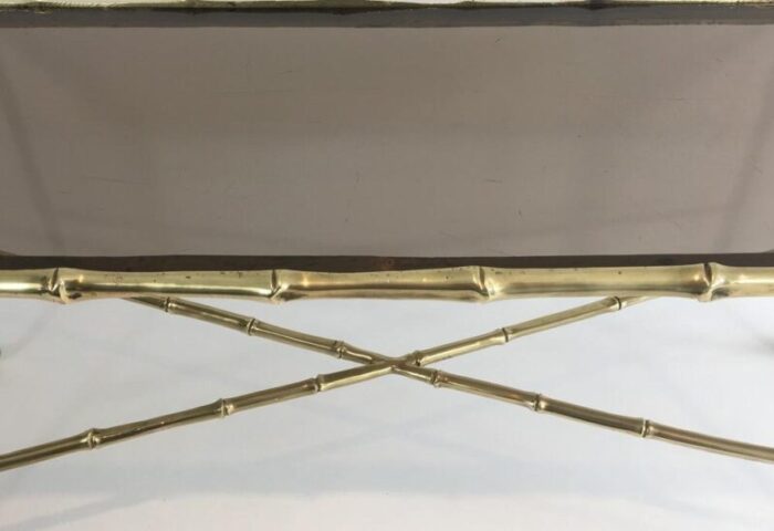 french small faux bamboo bronze coffee table with smoked glass shelf by maison bagues 1940s 6