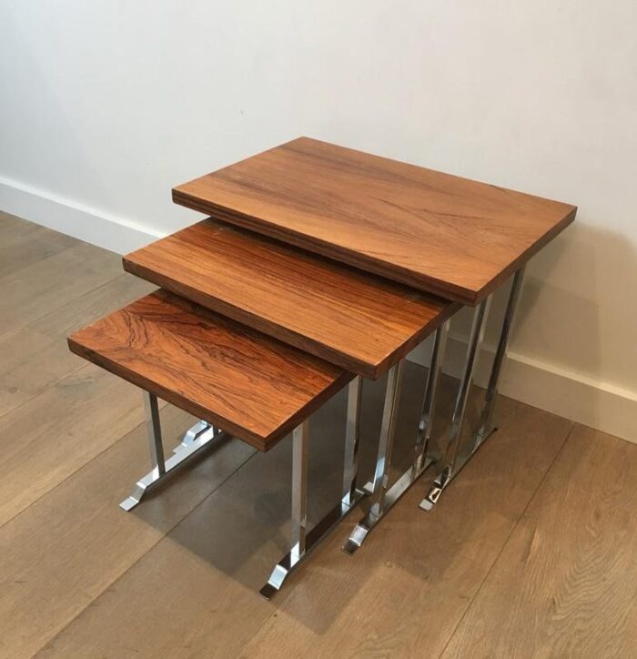 french wood and chrome nesting tables 1970s set of 3 1