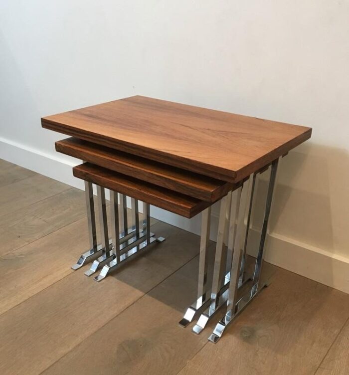 french wood and chrome nesting tables 1970s set of 3 2