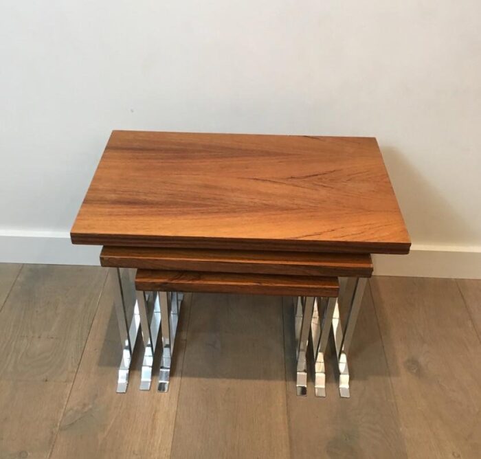 french wood and chrome nesting tables 1970s set of 3 4 scaled