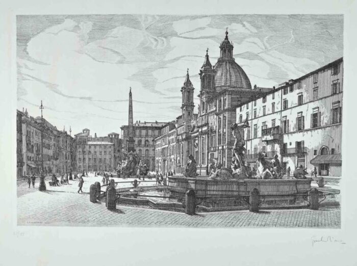 giuseppe malandrino view of piazza navona original etching 1970s 3377