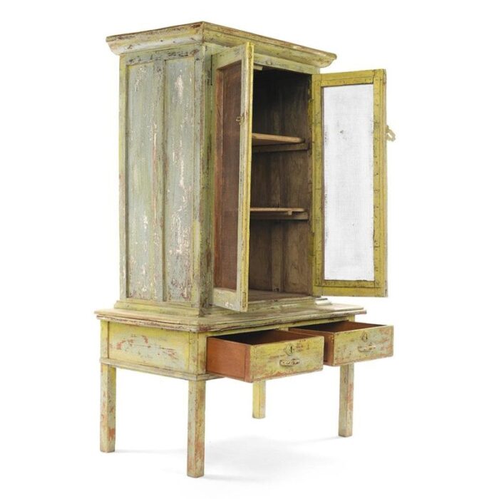 glass cabinet with 2 drawers in patinated wood 2