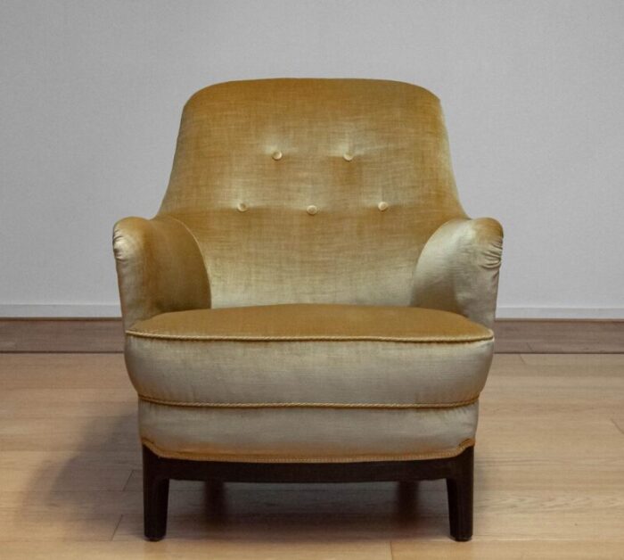 gold colored velvet upholstered lounge chair by carl malmsten sweden 1940s 3669