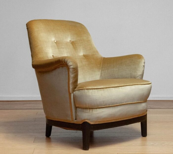 gold colored velvet upholstered lounge chair by carl malmsten sweden 1940s 9125