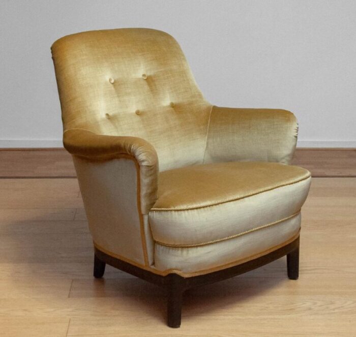 gold colored velvet upholstered lounge chair by carl malmsten sweden 1940s 9809