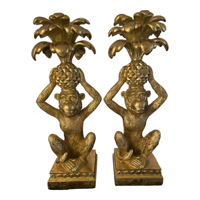 gold monkeys sitting with pineapples candle holders a pair 3313