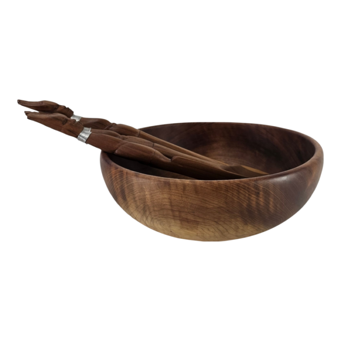 hand turned walnut centerpiece wood salad bowl w utensils 1125 4407