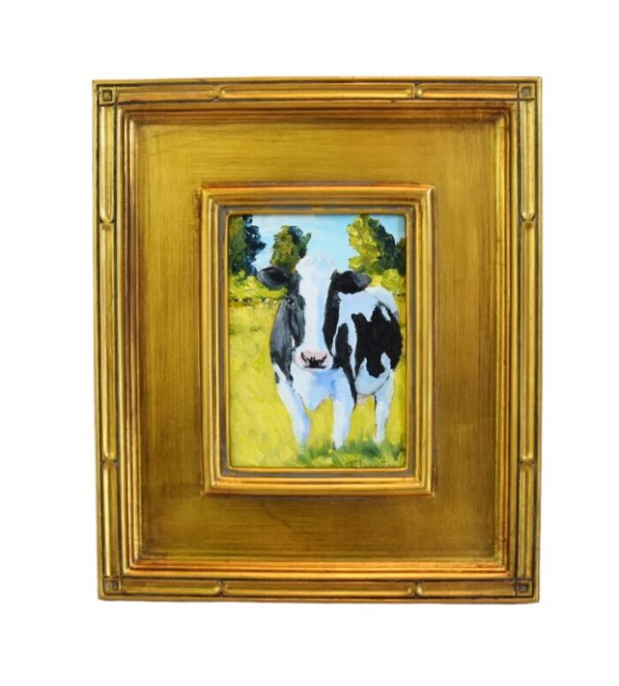 holstein dairy cow portrait landscape oil painting displayed in an antiqued gold wood frame 1602