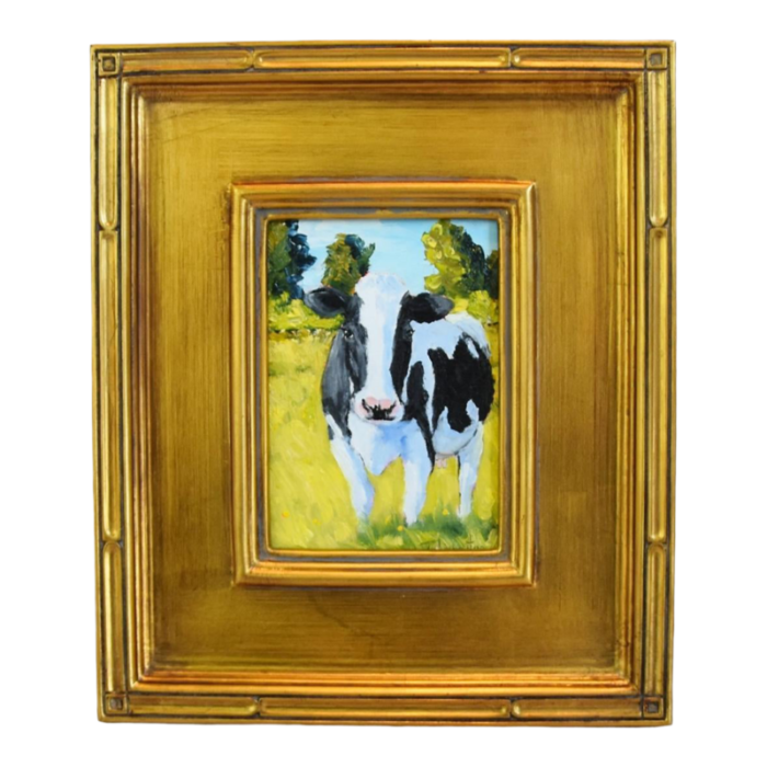 holstein dairy cow portrait landscape oil painting displayed in an antiqued gold wood frame 6534