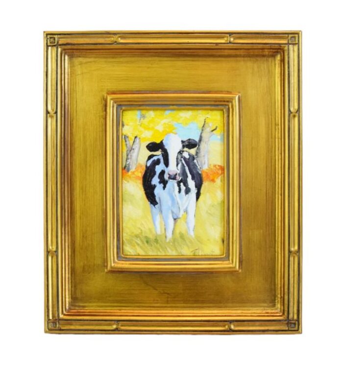 impressionist holstein dairy cow portrait landscape oil painting displayed in an antiqued gold wood frame 0668