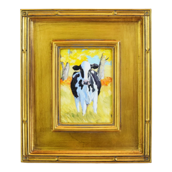 impressionist holstein dairy cow portrait landscape oil painting displayed in an antiqued gold wood frame 4183