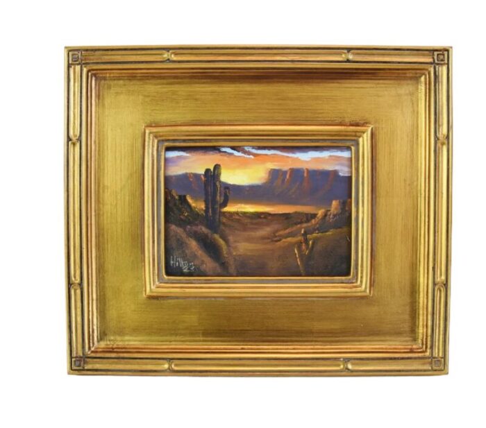 impressionist southwestern canyon and saguaro cactus landscape oil painting w antiqued gold wood frame 1578