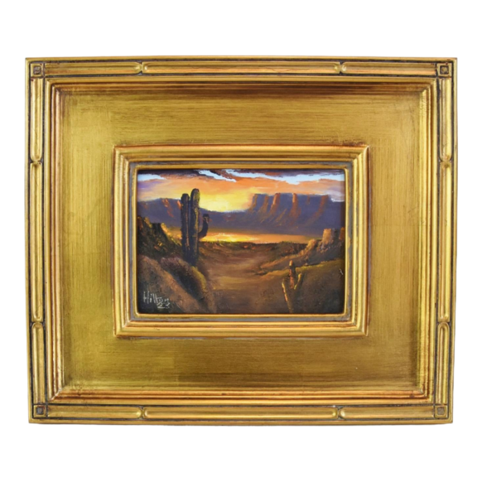 impressionist southwestern canyon and saguaro cactus landscape oil painting w antiqued gold wood frame 2339