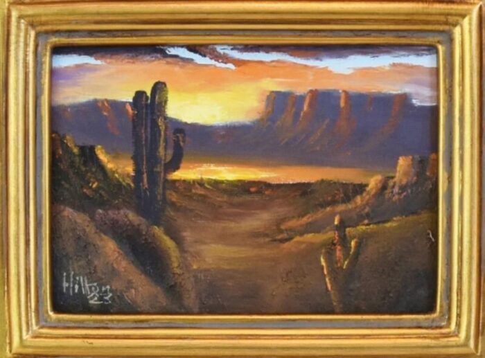 impressionist southwestern canyon and saguaro cactus landscape oil painting w antiqued gold wood frame 4230