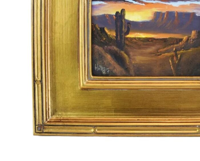 impressionist southwestern canyon and saguaro cactus landscape oil painting w antiqued gold wood frame 5971