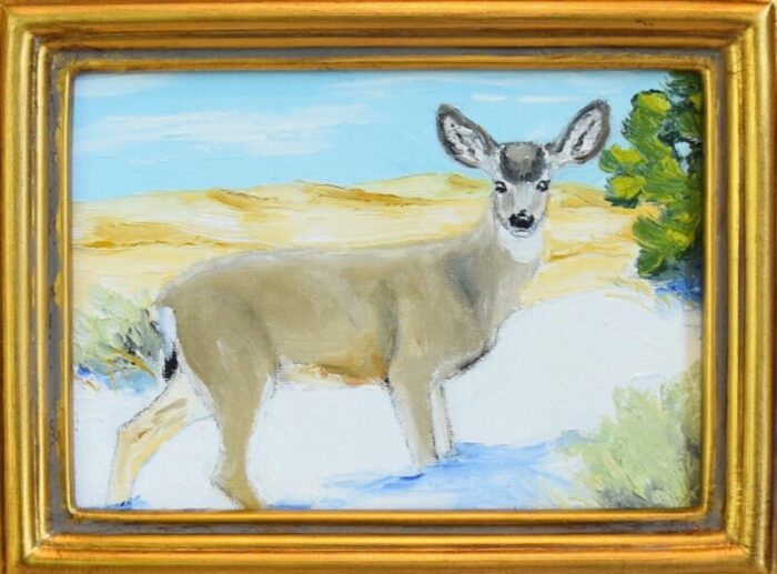 impressionist wildlife mule deer portrait landscape oil painting displayed in an antiqued gold wood frame 0528