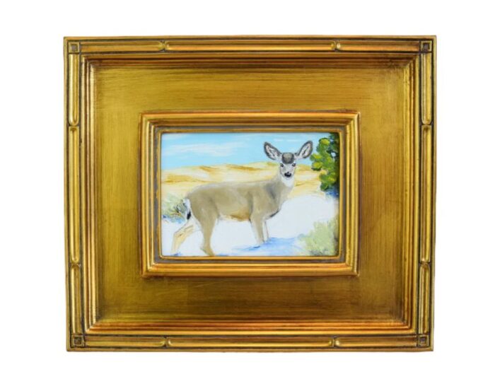 impressionist wildlife mule deer portrait landscape oil painting displayed in an antiqued gold wood frame 0780