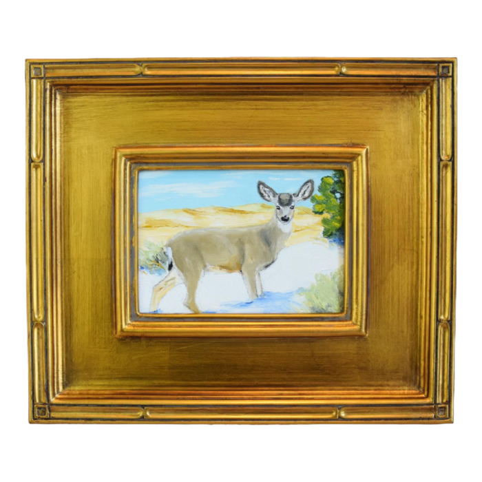 impressionist wildlife mule deer portrait landscape oil painting displayed in an antiqued gold wood frame 4304