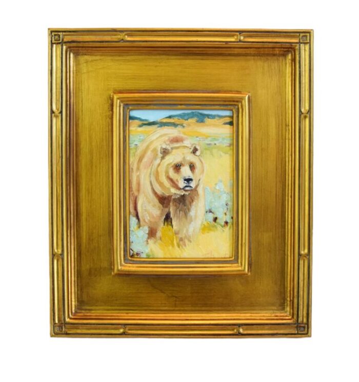 impressionist wildlife nature brown grizzly bear portrait oil painting displayed in an antiqued gold wood frame 1075