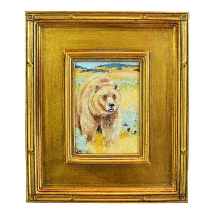 impressionist wildlife nature brown grizzly bear portrait oil painting displayed in an antiqued gold wood frame 6565