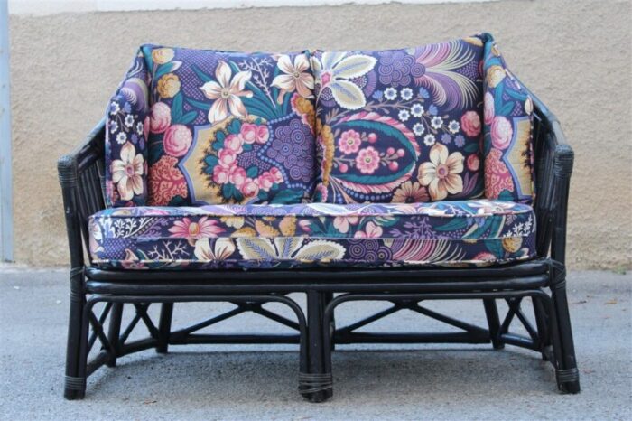 italian black bamboo floral fabric sofa from vivai del sud 1970s 1