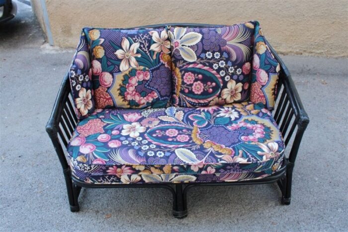 italian black bamboo floral fabric sofa from vivai del sud 1970s 10