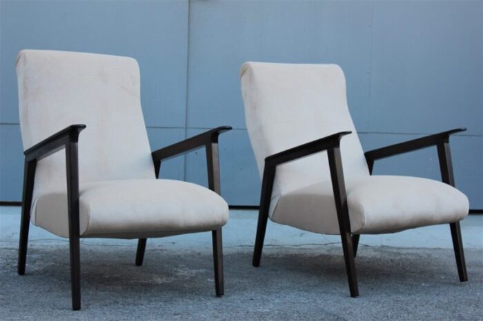 italian walnut and beige velvet lounge chairs 1950s set of 2 1