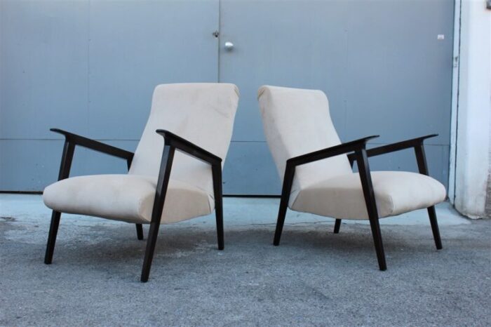 italian walnut and beige velvet lounge chairs 1950s set of 2 2