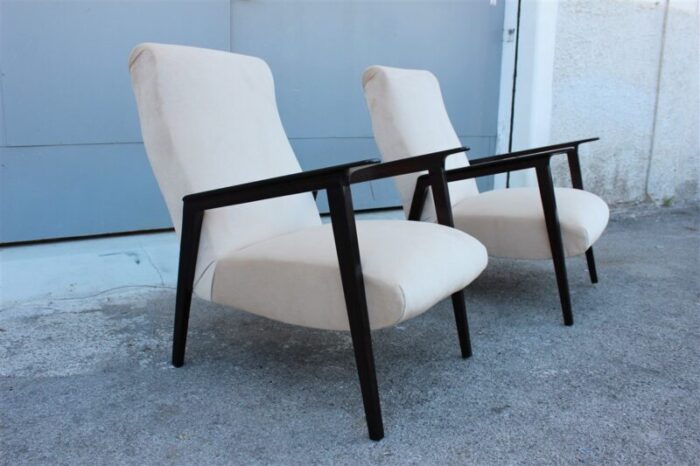 italian walnut and beige velvet lounge chairs 1950s set of 2 4